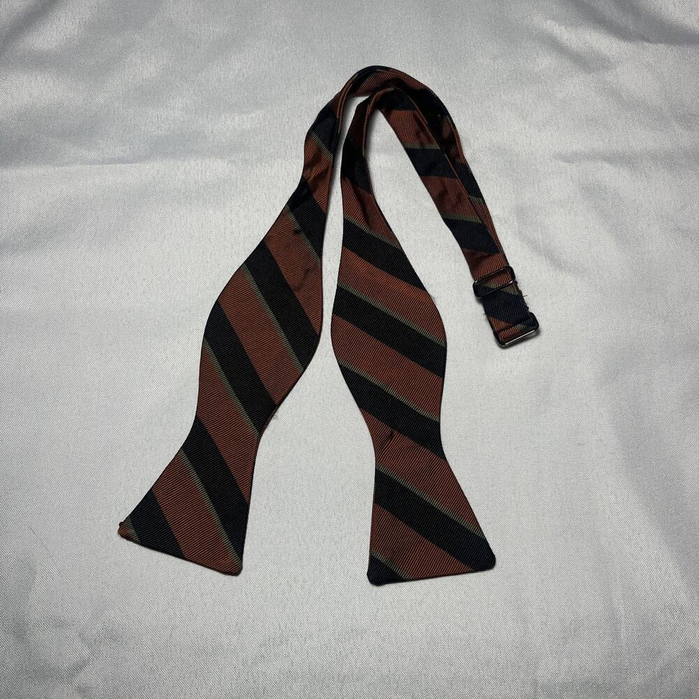 Vintage Robert Talbott 100% Silk Bow Tie Brown Green Black Stripe Adjustable